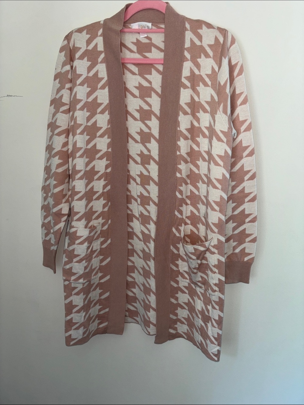 Belle by Kim Gravel Long Open-Front Houndstooth Cardigan Sweater, sz S - Picture 3 of 8